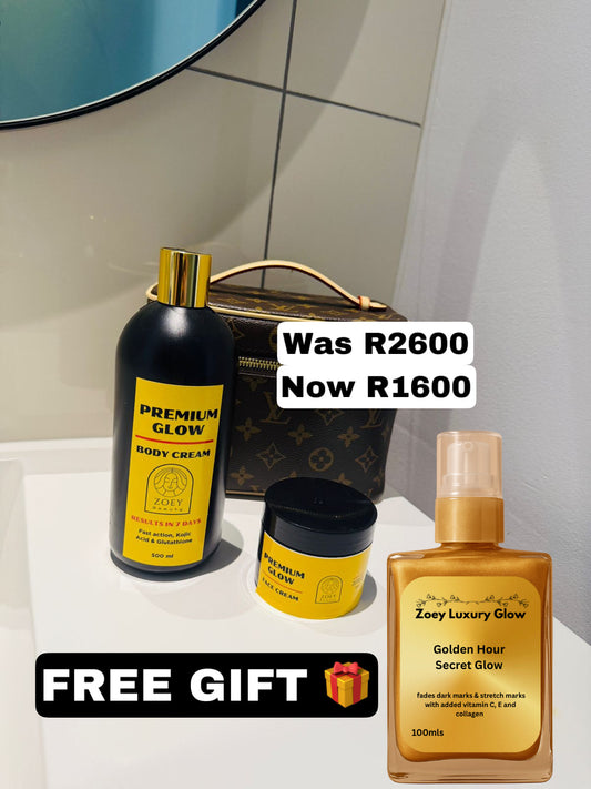 Premium body lotion + premium face cream + Golden hour oil